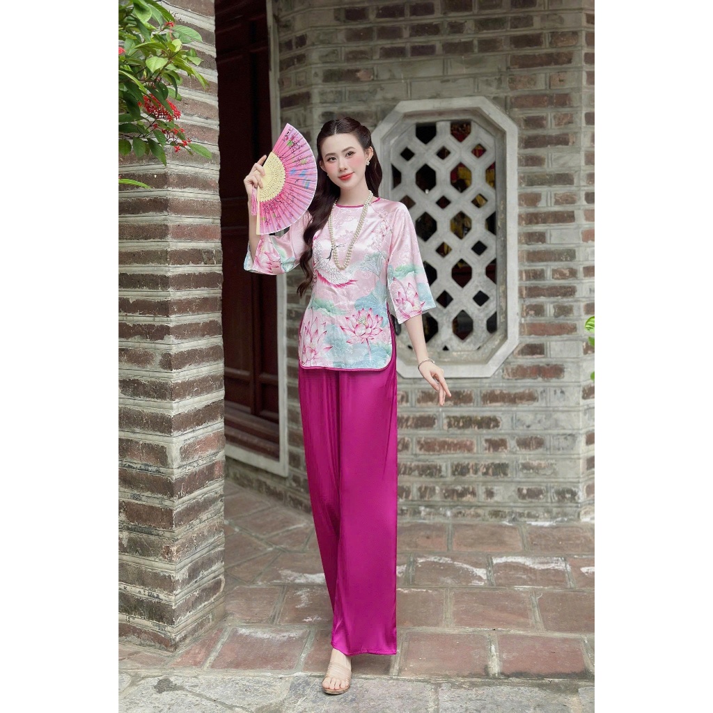 Bộ đồ ngủ nữ cao cấp VY LINH in 3D lụa xước phối quần latin đính ngọc mặc mềm mại thoáng mát dễ chịu s997 LỤA XƯỚC