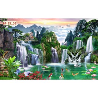 Tranh DÁN tường VẢI LỤA Phong cảnh sơn thủy phong thuỷ GIẢ VIỀN KHUNG TRANH KHỔ LỚN LL