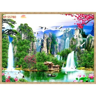 Tranh DÁN tường VẢI LỤA Phong cảnh sơn thủy phong thuỷ GIẢ VIỀN KHUNG TRANH KHỔ LỚN LL