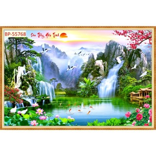 Tranh DÁN tường VẢI LỤA Phong cảnh sơn thủy phong thuỷ GIẢ VIỀN KHUNG TRANH KHỔ LỚN LL