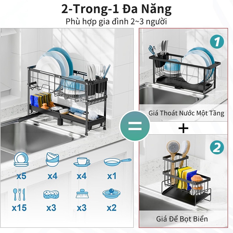 Lifinity Giá Để Bát Đĩa 2 Tầng Thông Minh Co Giãn Linh Hoạt - Khay Hứng Nước, Giá Đũa Thìa Đầy Đủ Phụ Kiện