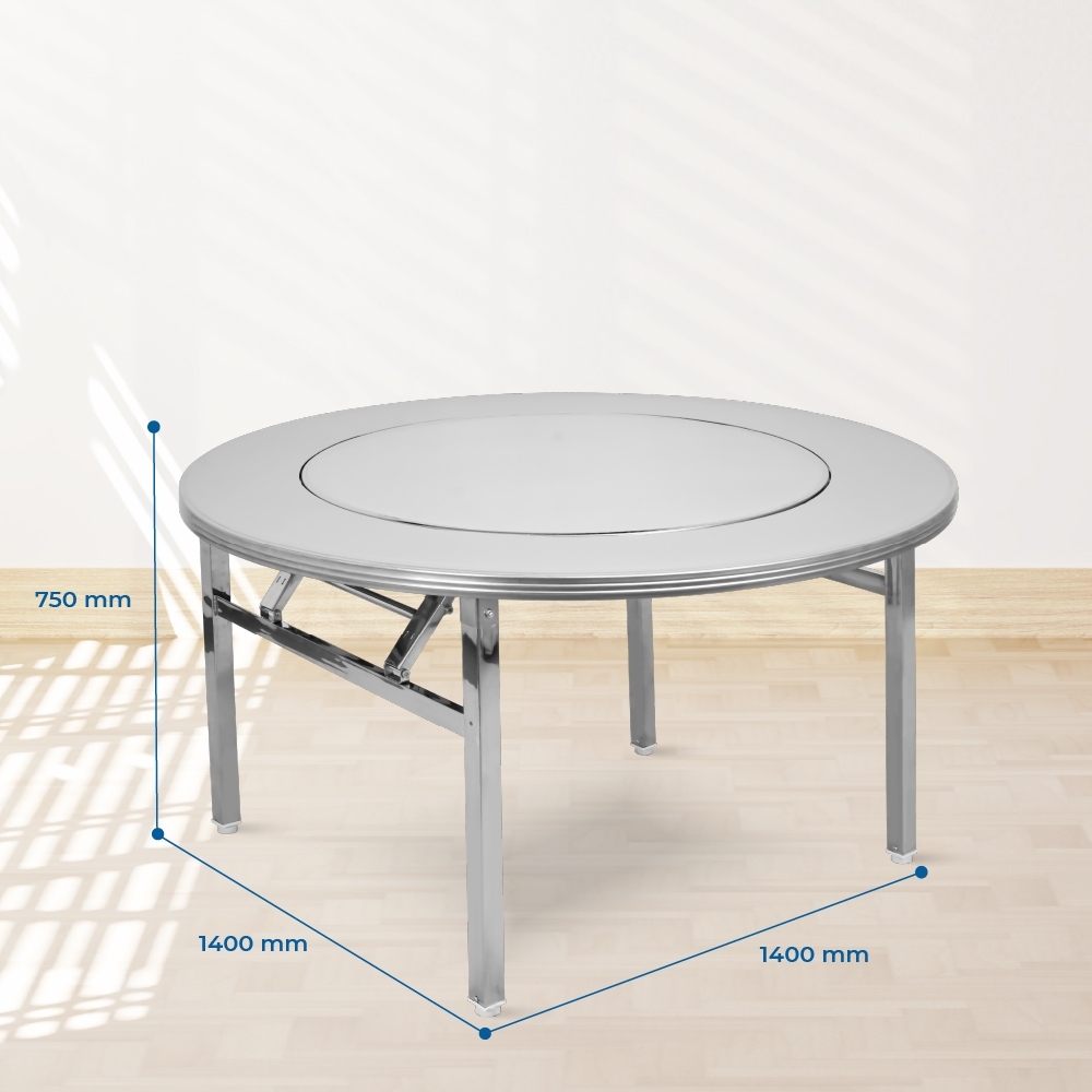 Bàn inox 1m4 gấp gọn Revin QUI PHÚC, mặt bàn có mâm xoay 360 độ, bàn ăn gia đình, nhà hàng tiện lợi
