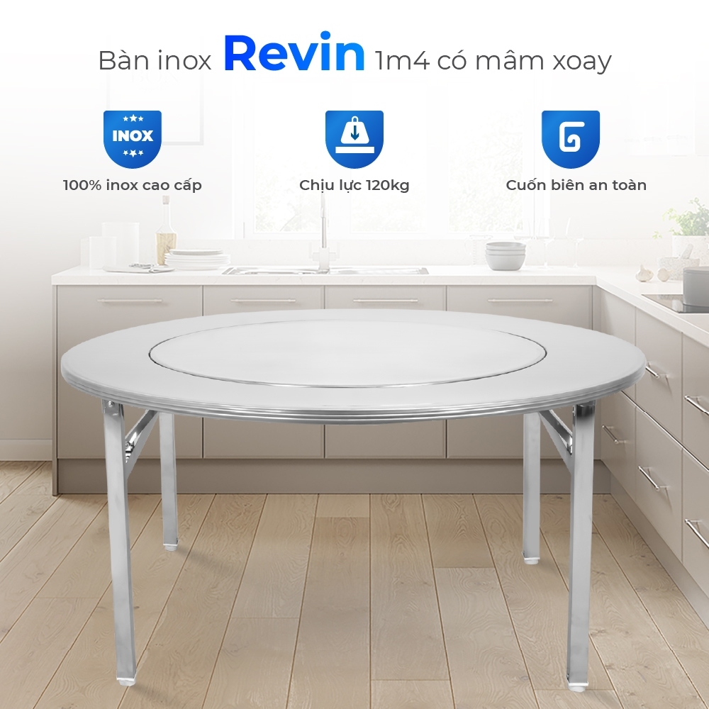 Bàn inox 1m4 gấp gọn Revin QUI PHÚC, mặt bàn có mâm xoay 360 độ, bàn ăn gia đình, nhà hàng tiện lợi