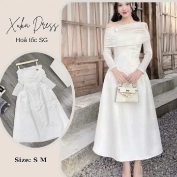 Xuka dress - Đầm trắng lệch vai dự tiệc sang chảnh, đầm trắng xoè, đầm trắng dự tiệc