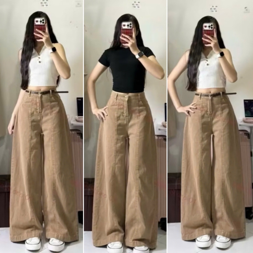 Quần Suông Jean Cạp Cao Màu Nâu Tây Thiết Kế Chắp Thân