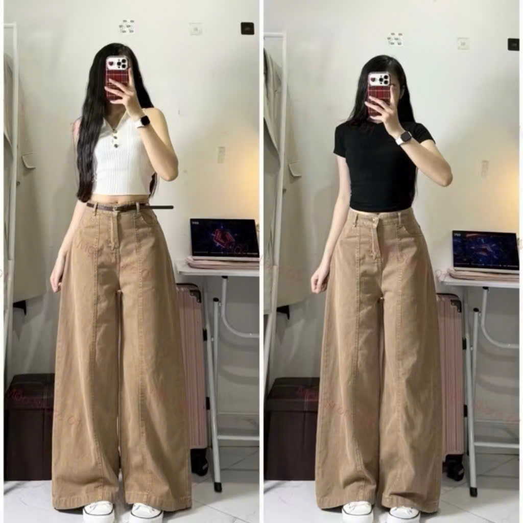 Quần Suông Jean Cạp Cao Màu Nâu Tây Thiết Kế Chắp Thân