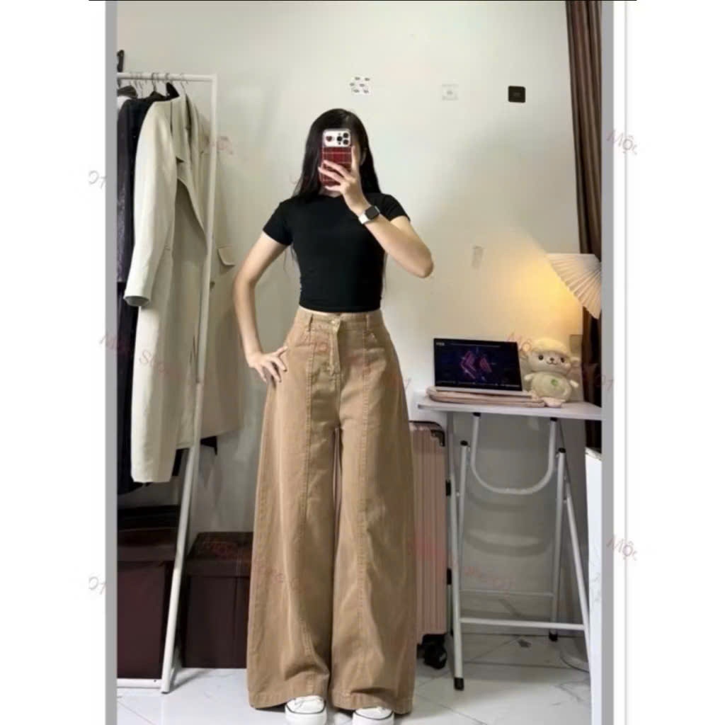 Quần Suông Jean Cạp Cao Màu Nâu Tây Thiết Kế Chắp Thân