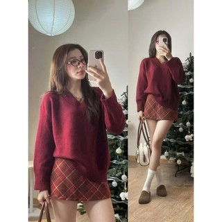 LOU BAE| (HÀNG QC SẴN) Áo Len Nữ Tay Dài Cổ Tim Form Vừa