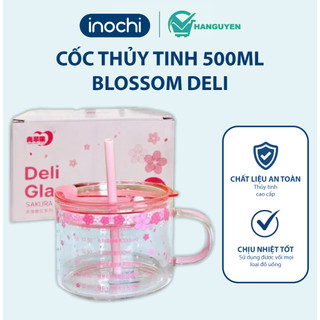 Cốc thủy tinh Blossom Sakura Deli 500ml cao cấp chịu nhiệt thiết kế dày dặn dùng cho đồ nóng lạnh