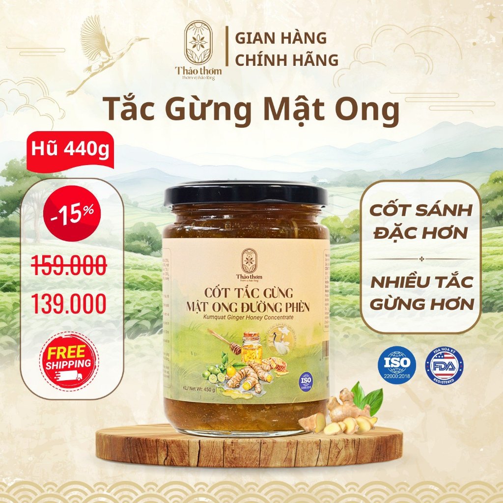 Tắc Gừng Mật Ong Đường Phèn Thảo Thơm, Hũ 440Gram, Hỗ Trợ Giảm Ho - Đau Rát Cổ Họng - Khản Tiếng