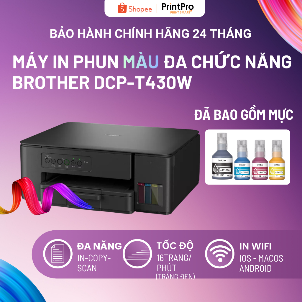 Máy in màu đa năng Brother DCP-T430W (In/Scan/Copy) - Kết nối Wifi - Bảo hành chính hãng 24 tháng
