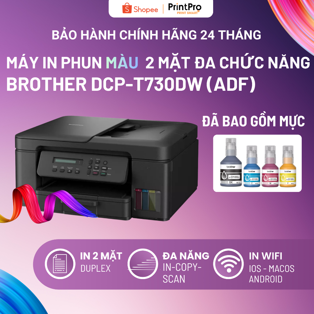 Máy in phun màu đa năng đảo mặt tự động Brother DCP-T730DW (In/Scan/Copy/Adf) - Kết nối Wifi