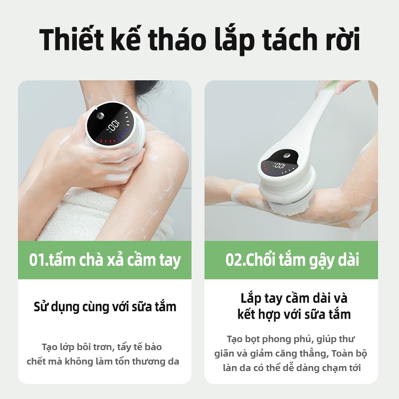 RELAAX Bàn Chải Tắm Điện Chà Lưng - Làm Sạch Sâu, Tẩy Tế Bào Chết, Massage Thư Giãn, Chống Nước IPX6, 5 Đầu Thay Thế