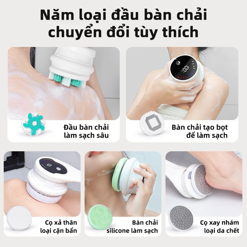 RELAAX Bàn Chải Tắm Điện Chà Lưng - Làm Sạch Sâu, Tẩy Tế Bào Chết, Massage Thư Giãn, Chống Nước IPX6, 5 Đầu Thay Thế