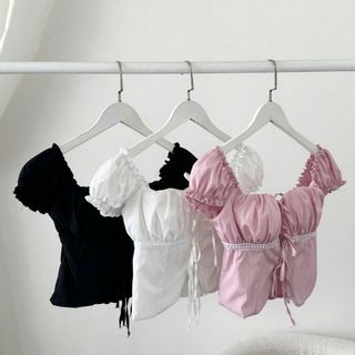 Áo trễ vai 2 lớp dày dặn buộc dây trước tay bèo phồng 3 màu basic trắng hồng đen VANISA CT481
