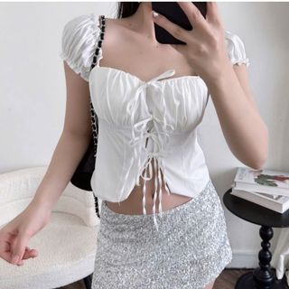 Áo trễ vai 2 lớp dày dặn buộc dây trước tay bèo phồng 3 màu basic trắng hồng đen VANISA CT481