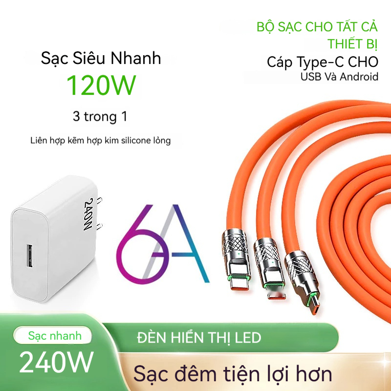 Cáp Sạc Nhanh 3 Trong 1 120W Dài 1.2m - Hợp Kim Kẽm Bền Bỉ, Hỗ Trợ Type C, Lightning, Micro USB