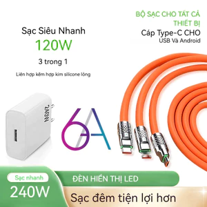 Cáp Sạc Nhanh 3 Trong 1 120W Dài 1.2m - Hợp Kim Kẽm Bền Bỉ, Hỗ Trợ Type C, Lightning, Micro USB