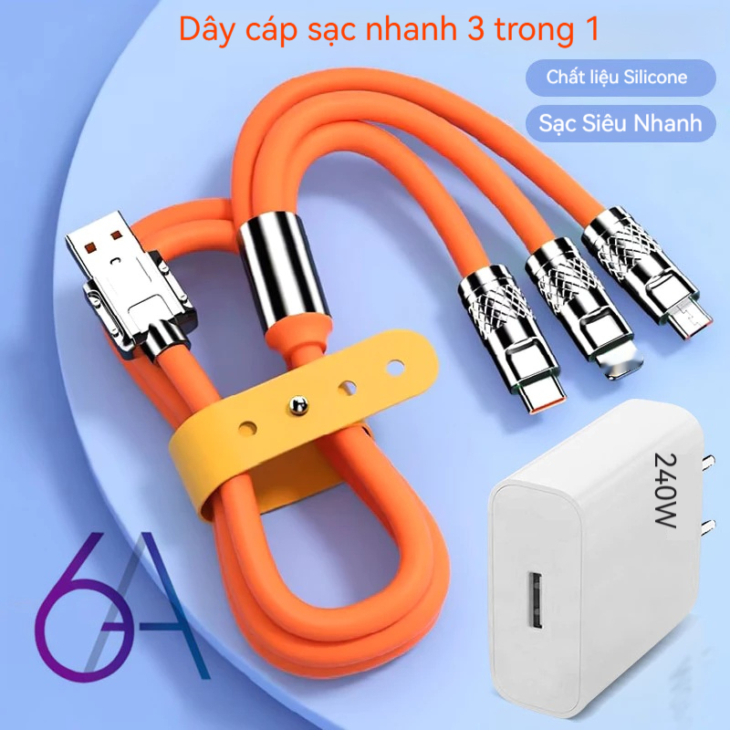 Cáp Sạc Nhanh 3 Trong 1 120W Dài 1.2m - Hợp Kim Kẽm Bền Bỉ, Hỗ Trợ Type C, Lightning, Micro USB
