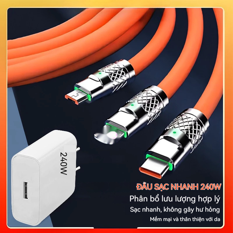 Cáp Sạc Nhanh 3 Trong 1 120W Dài 1.2m - Hợp Kim Kẽm Bền Bỉ, Hỗ Trợ Type C, Lightning, Micro USB