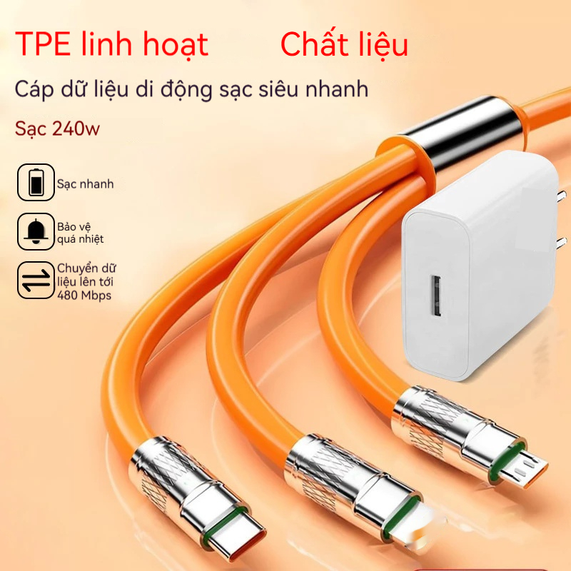 Cáp Sạc Nhanh 3 Trong 1 120W Dài 1.2m - Hợp Kim Kẽm Bền Bỉ, Hỗ Trợ Type C, Lightning, Micro USB