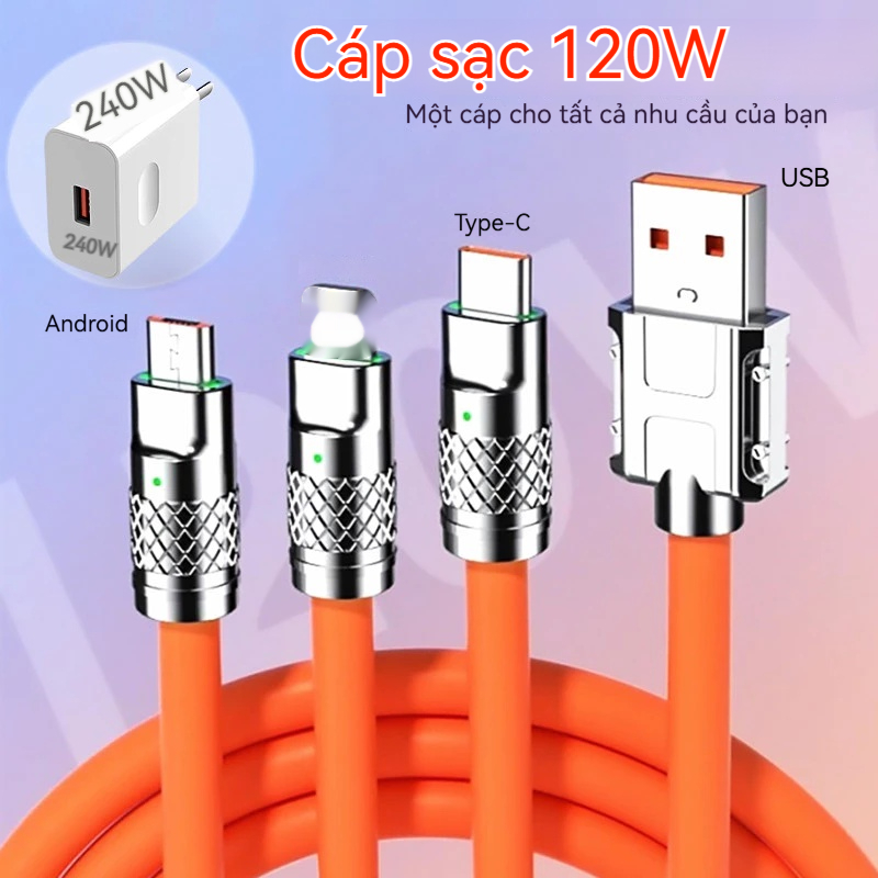 Cáp Sạc Nhanh 3 Trong 1 120W Dài 1.2m - Hợp Kim Kẽm Bền Bỉ, Hỗ Trợ Type C, Lightning, Micro USB