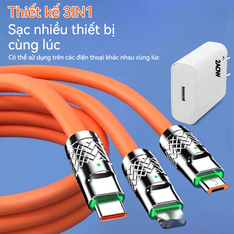 Cáp Sạc Nhanh 3 Trong 1 120W Dài 1.2m - Hợp Kim Kẽm Bền Bỉ, Hỗ Trợ Type C, Lightning, Micro USB
