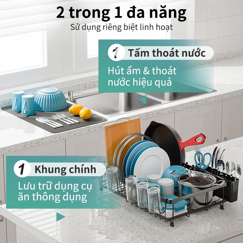 Lifinity Kệ Để Bát Đĩa Đơn Tầng Đa Chức Năng - Thiết Kế Co Giãn, Giá Đũa & Miếng Hút Nước Tiện Lợi