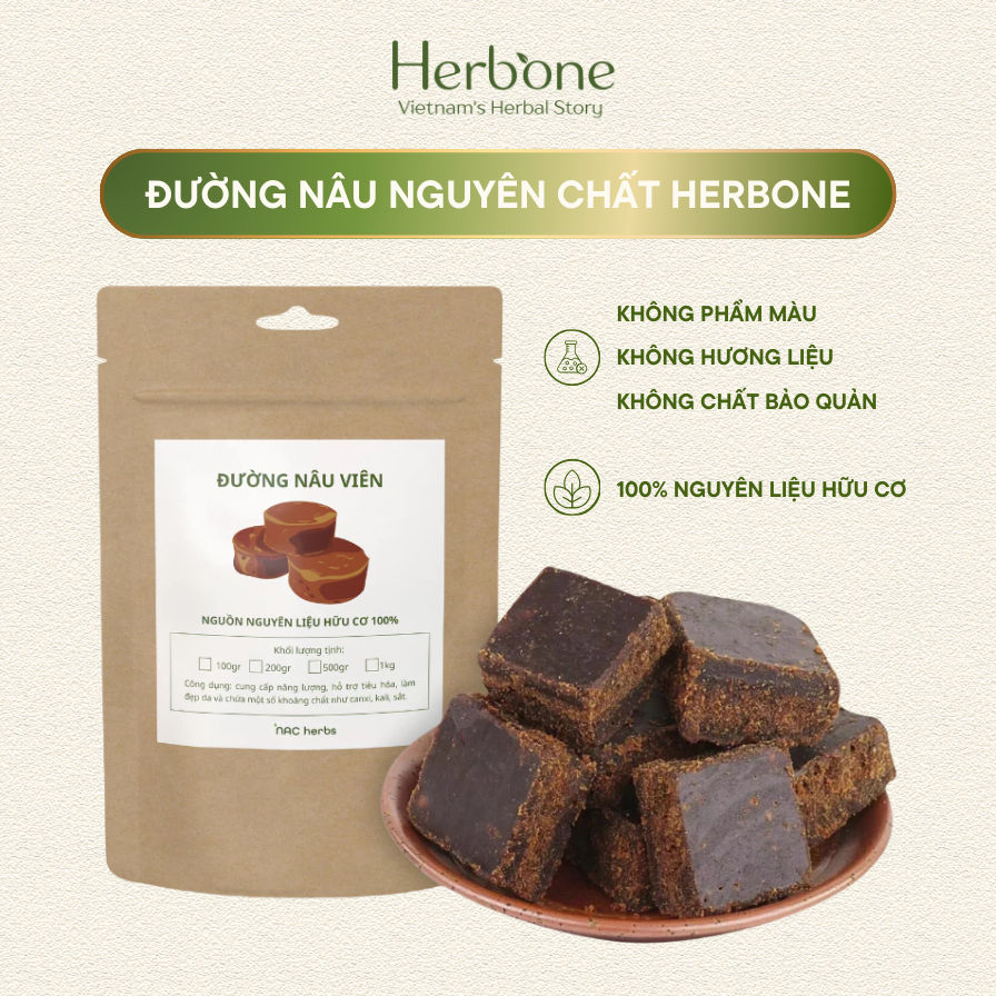 Đường Nâu Đường Đen Herbone Bổ Khí Huyết Không Vỡ Vụn Đóng Túi Riêng Mỗi Viên