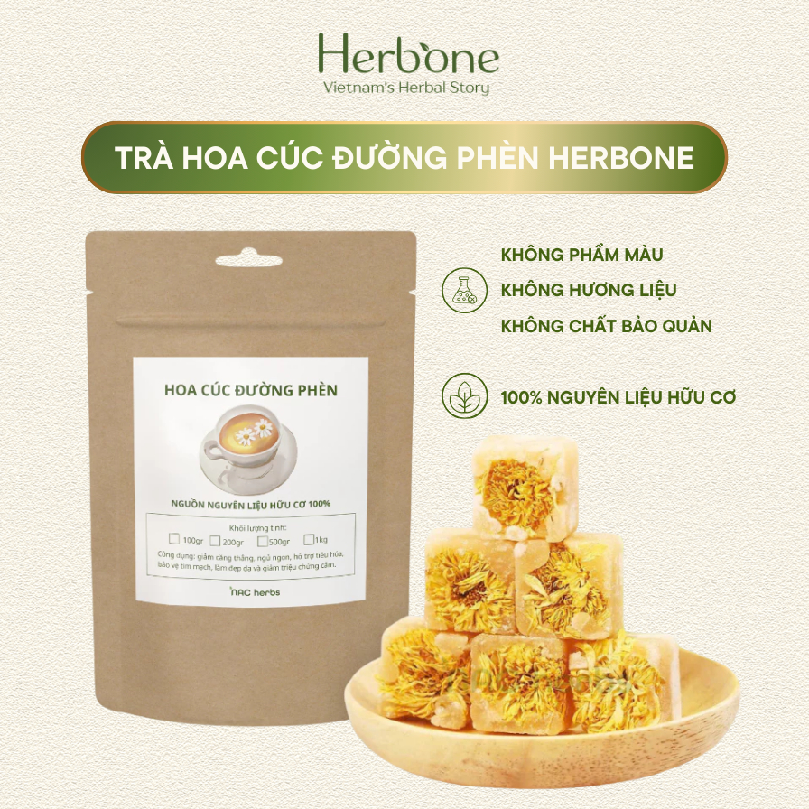 Trà Hoa Cúc Đường Phèn HERBONE Thơm Ngon Ngủ Ngon Đẹp Da 500g & 1kg