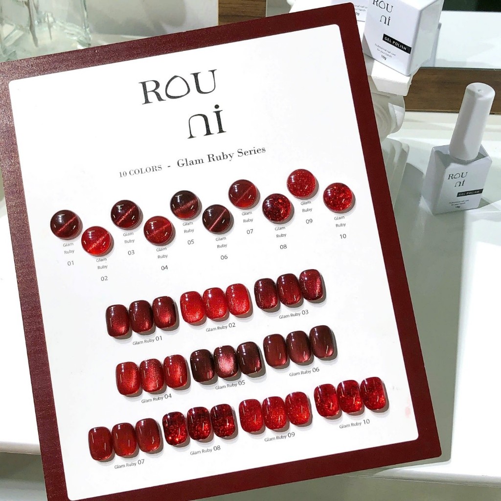 Set sơn gel Rouni mắt mèo đỏ mới 2026 thu đông mắt mèo ruby thạch anh đỏ nhũ đỏ lấp lánh tiệm nail