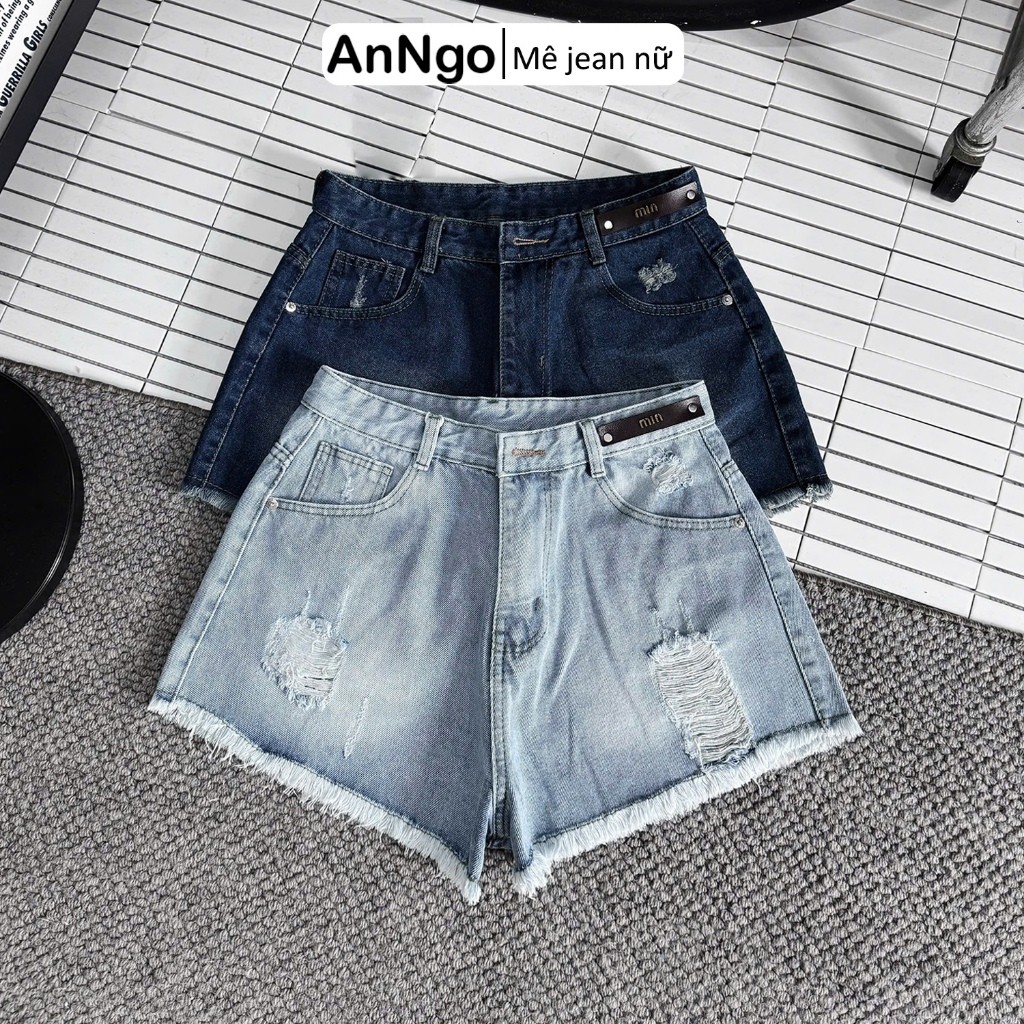 (Big size) Quần short jean nữ rách đùi lưng cao hack dáng, chất vải jean không giãn Anngo - AT560