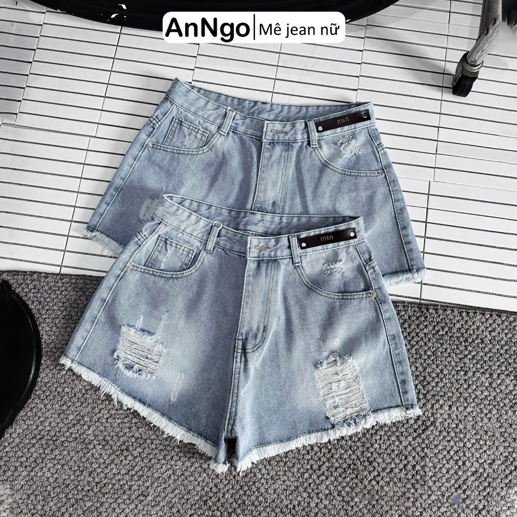 (Big size) Quần short jean nữ rách đùi lưng cao hack dáng, chất vải jean không giãn Anngo - AT560
