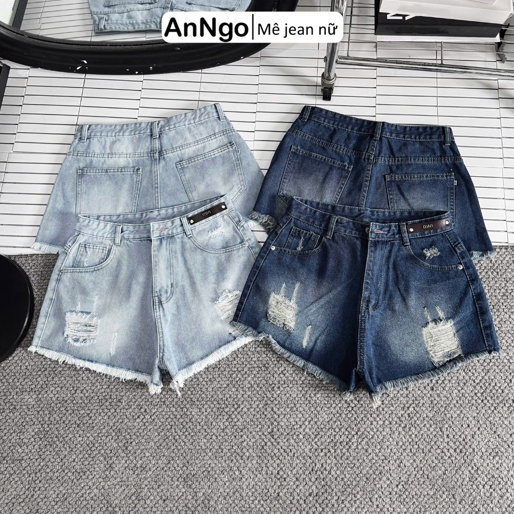 (Big size) Quần short jean nữ rách đùi lưng cao hack dáng, chất vải jean không giãn Anngo - AT560