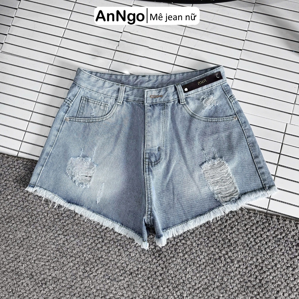(Big size) Quần short jean nữ rách đùi lưng cao hack dáng, chất vải jean không giãn Anngo - AT560