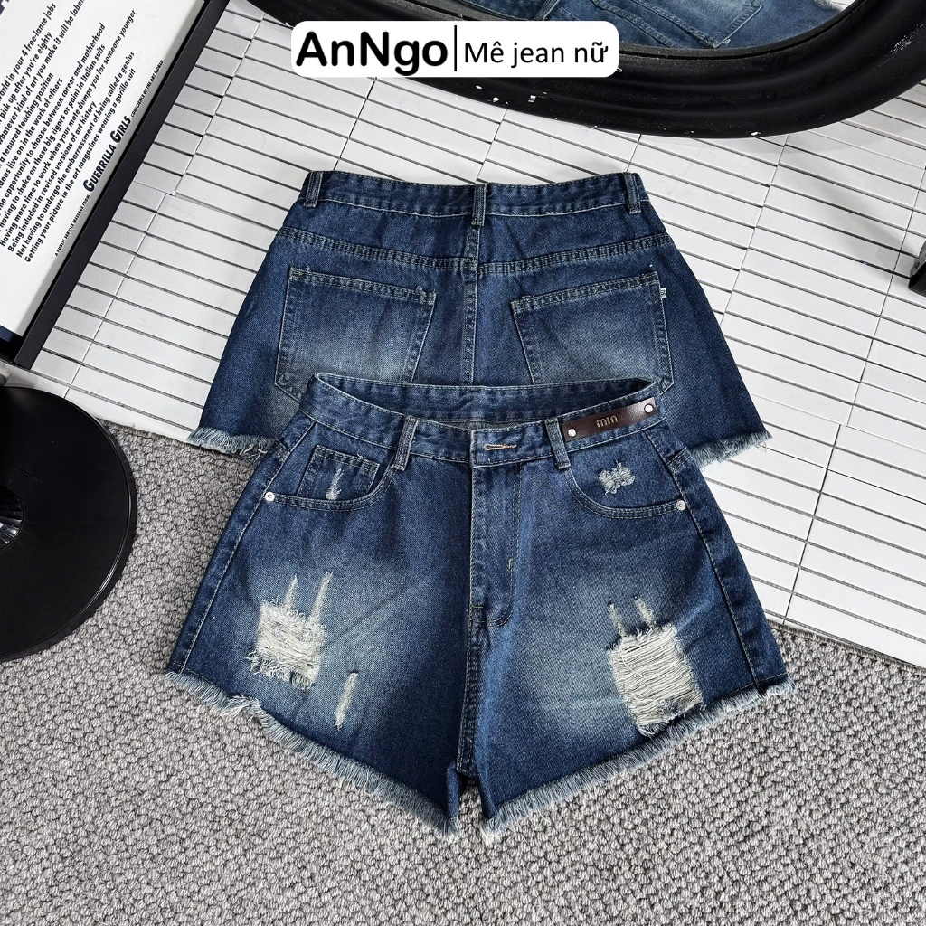 (Big size) Quần short jean nữ rách đùi lưng cao hack dáng, chất vải jean không giãn Anngo - AT560