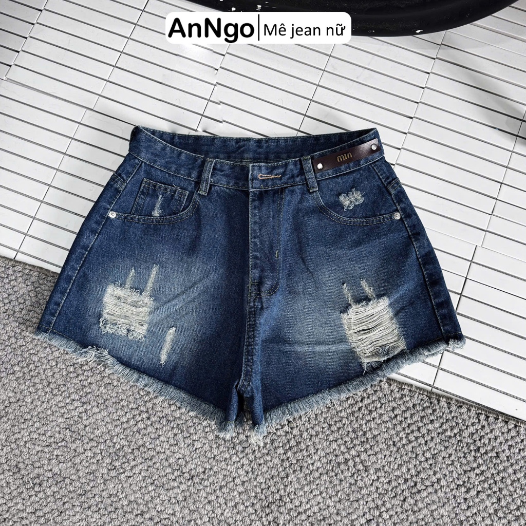 (Big size) Quần short jean nữ rách đùi lưng cao hack dáng, chất vải jean không giãn Anngo - AT560