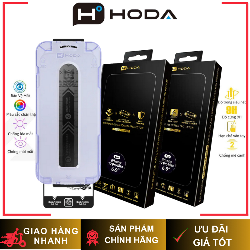 Cường Lực 3in1 2.5D Hoda Chống Vân Tay x Chống Chói x Chống Nhìn Trộm| Chống Ánh Sáng Xanh Có Khung cho iP 16/ 17 Series