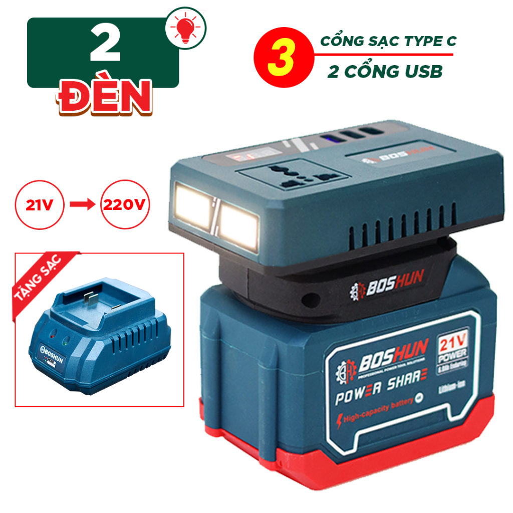 Đế Chuyển Tần Boshun BS-CD220PRO 2 Đèn chuyển từ pin 21V lên 110V - 220v, Chân Pin Phổ Thông 4cm