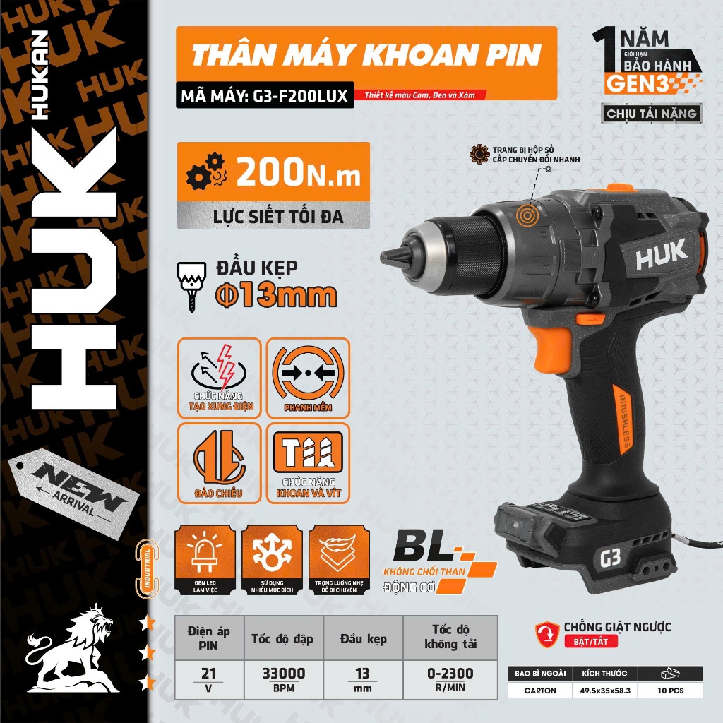 Máy Khoan Pin HUKAN 13MM GEN3 G3-F200LUX | ĐỘNG CƠ KHÔNG CHỔI THAN – 200N.m | ANTI KICKBACK, Chống Giật Ngược