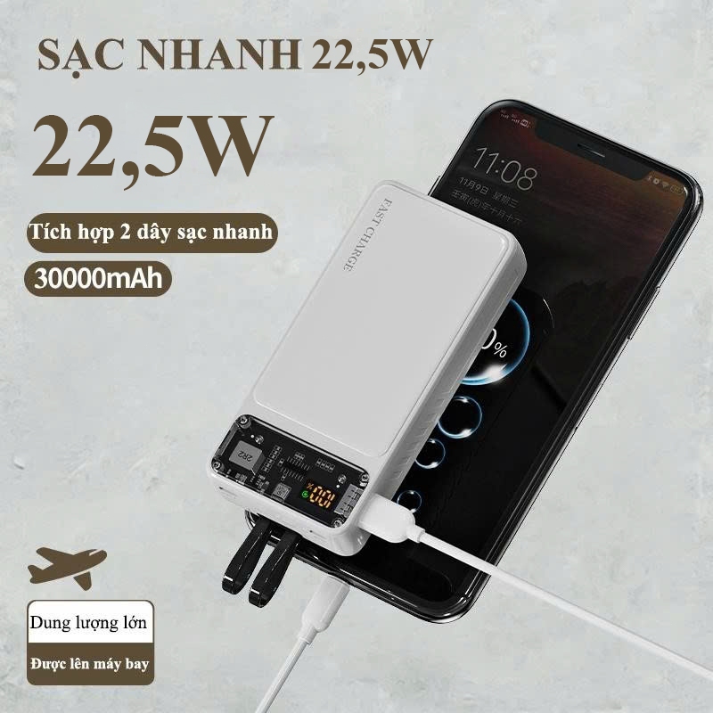 Sạc dự phòng 30000mah sạc nhanh màn hình led pin trâu có sẵn 2 dây sạc Type C LN