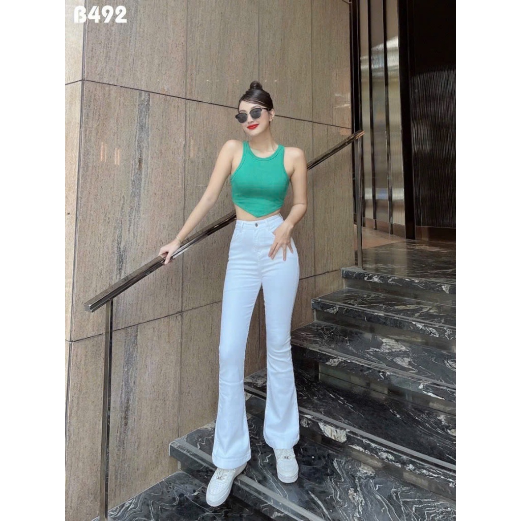 Quần Jeans Nữ, Quần Bò Nữ Ống Loe Lưng CAo Phối Túi Hộp Sau CO Giãn Thời Trang