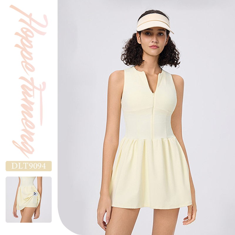 【Hoppe Fumeng】Áo váy tennis nữ thể dục: Có đệm ngực tích hợp, ngăn trượt quần lót, tay không, kiểu kéo khóa, thu eo