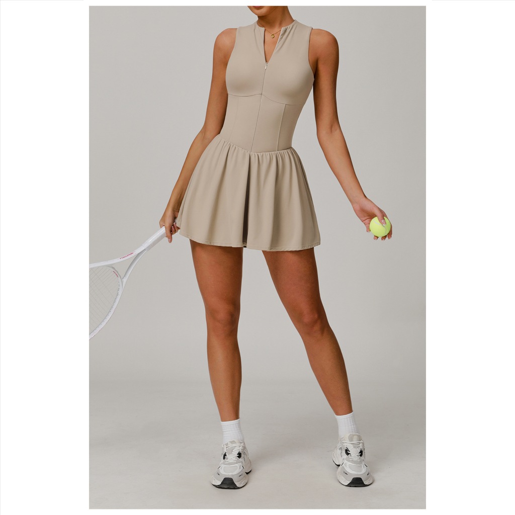 【Hoppe Fumeng】Áo váy tennis nữ thể dục: Có đệm ngực tích hợp, ngăn trượt quần lót, tay không, kiểu kéo khóa, thu eo