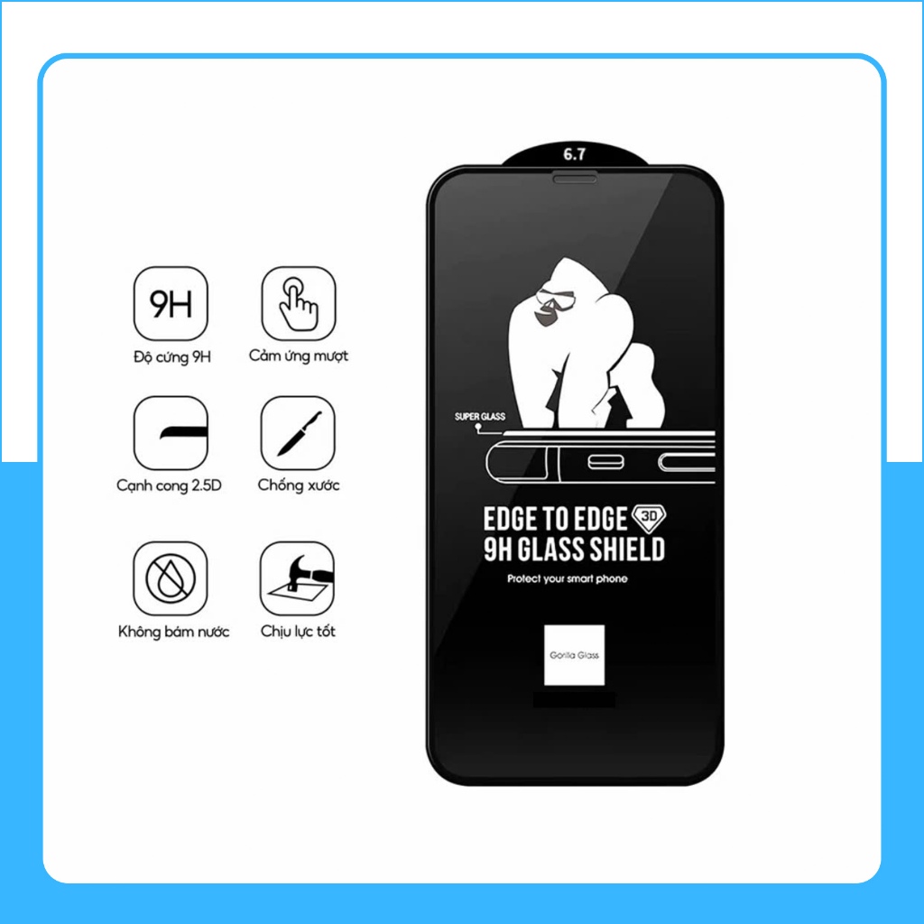 Kính Cường Lực Siêu Trong Suốt HD Full Viền 3D cho iphone x xr xs 11 12 13 14 15 16 17 pro max plus [KK.3D]