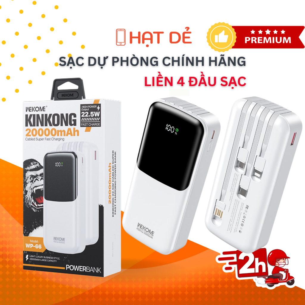 Sạc Dự Phòng Wekome WP-65/66 – 10000/20000mAh, Sạc Nhanh 22.5W, Có Cáp Tích Hợp, Phù Hợp Nhiều Dòng Máy