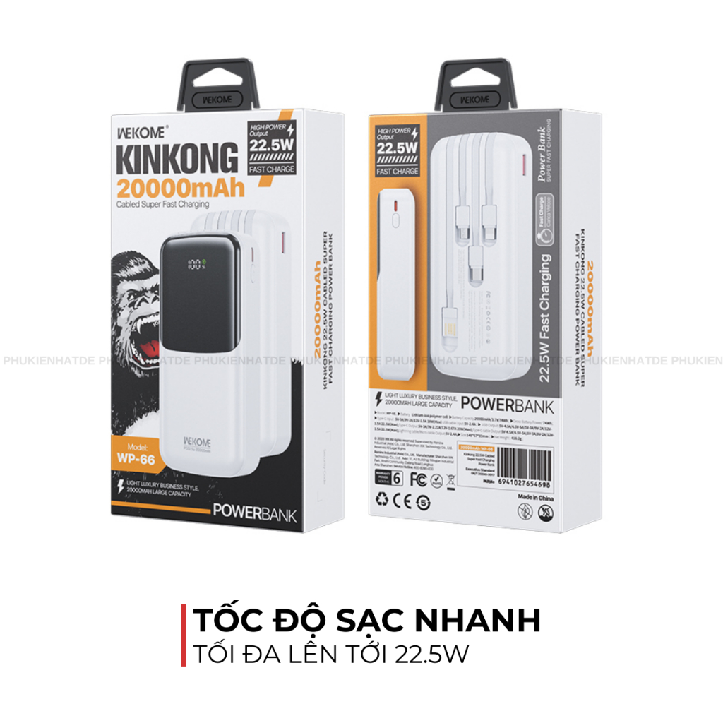 Sạc Dự Phòng Wekome WP-65/66 – 10000/20000mAh, Sạc Nhanh 22.5W, Có Cáp Tích Hợp, Phù Hợp Nhiều Dòng Máy