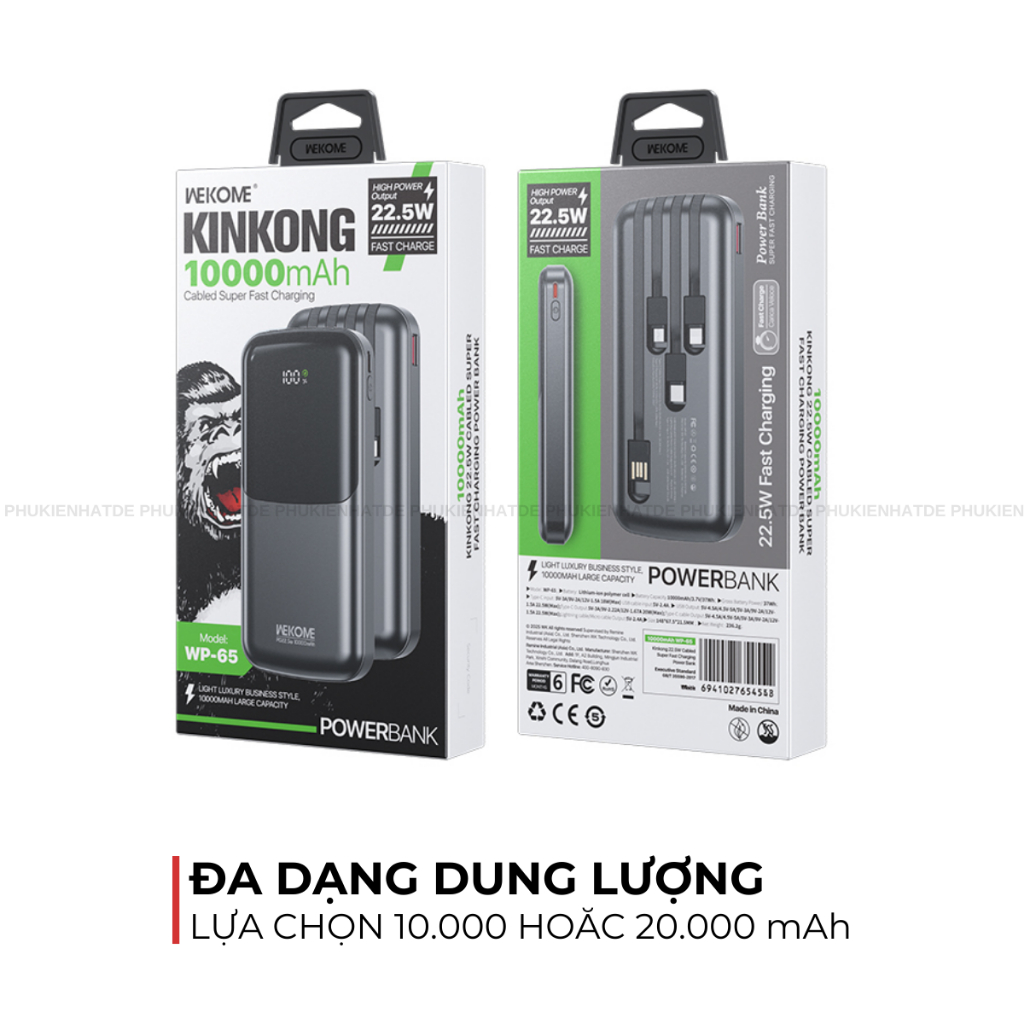 Sạc Dự Phòng Wekome WP-65/66 – 10000/20000mAh, Sạc Nhanh 22.5W, Có Cáp Tích Hợp, Phù Hợp Nhiều Dòng Máy