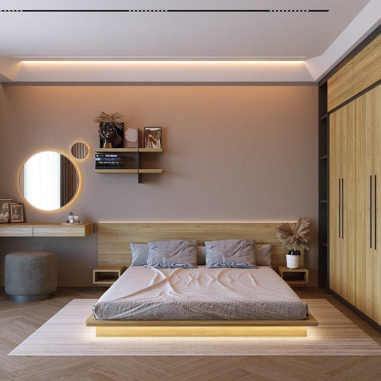 Giường Bay Gỗ Thông Gắn Đèn  LED – Giường Ngủ Lơ Lửng Kiểu Nhật Sang Trọng,  HOMDECOR