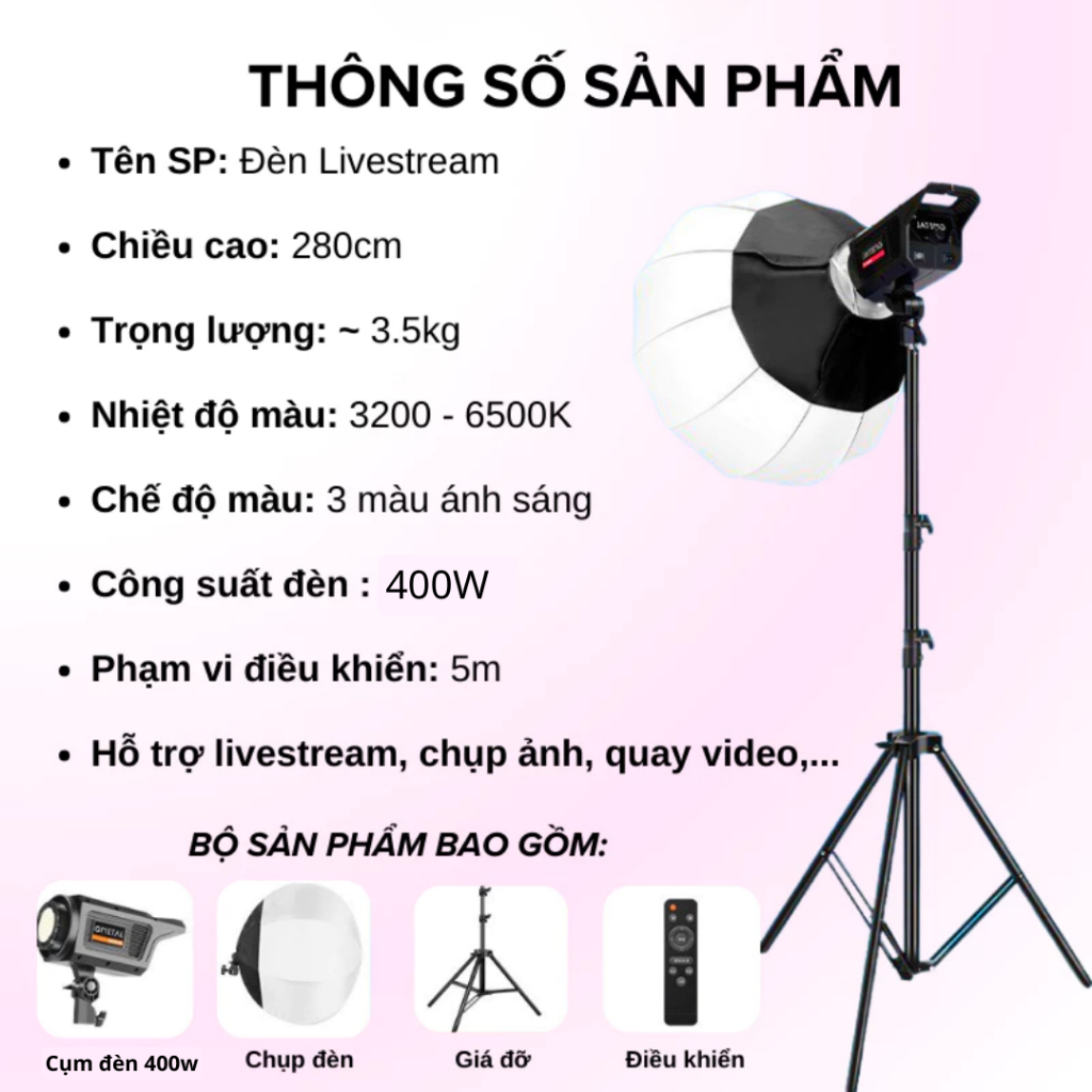 Đèn Livestream Softbox Cầu 400W Công Suất Cao – Chụp Studio, Livestream/Bán Hàng/Chụp Ảnh - Tặng Chân Kẹp Điện Thoại